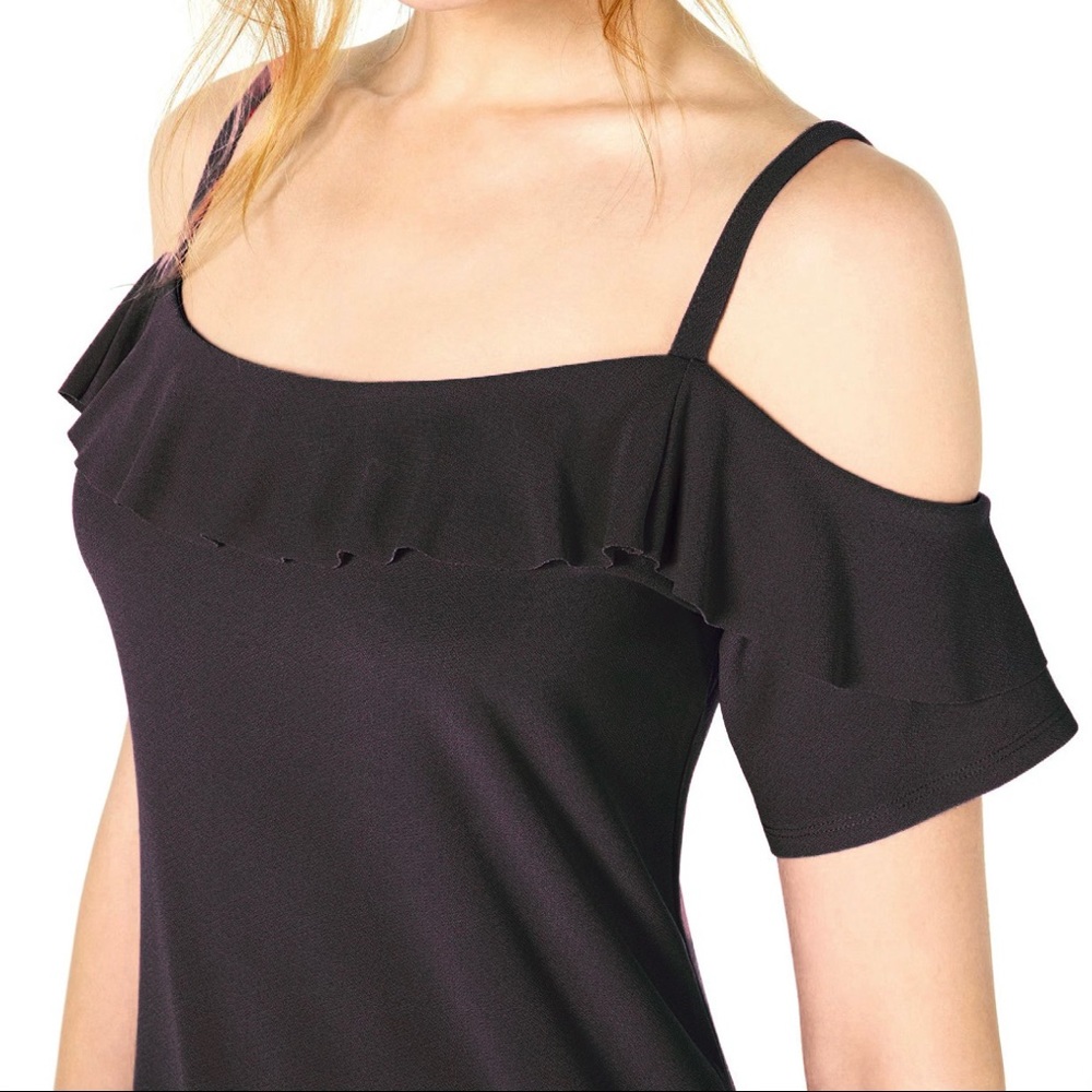 Bar lll Black Cold Shoulder Top w/ Ruffle